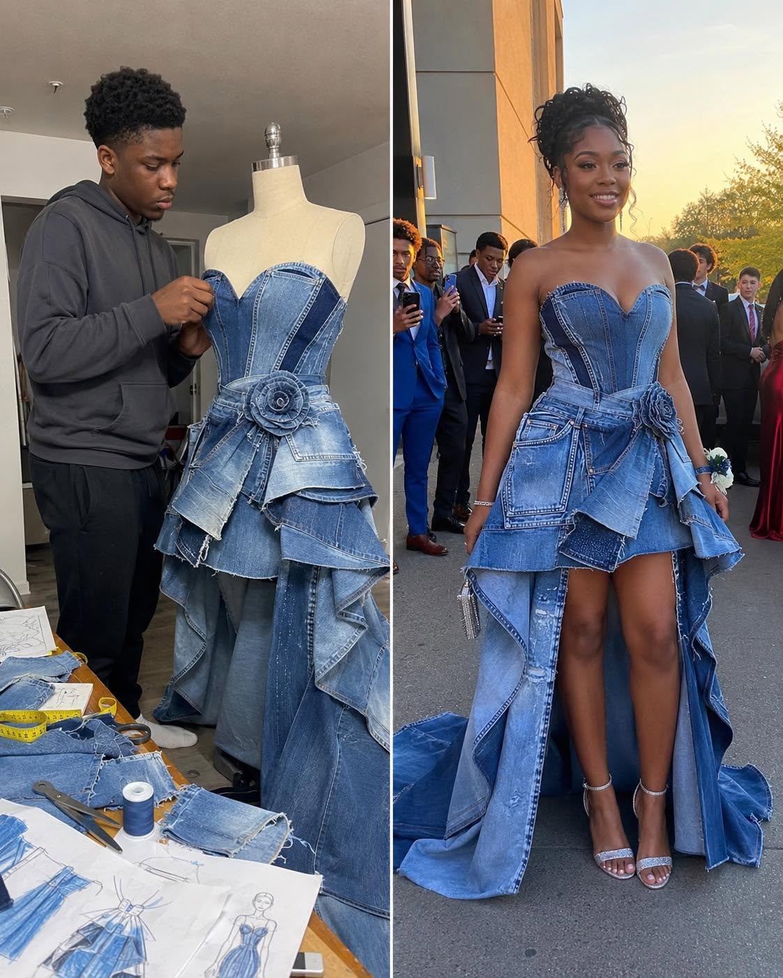 My Stepmom Laughed at the Prom Dress My Brother Sewed From Our Late Mom’s Jeans — By the End of the Night, the Whole School Knew the Truth