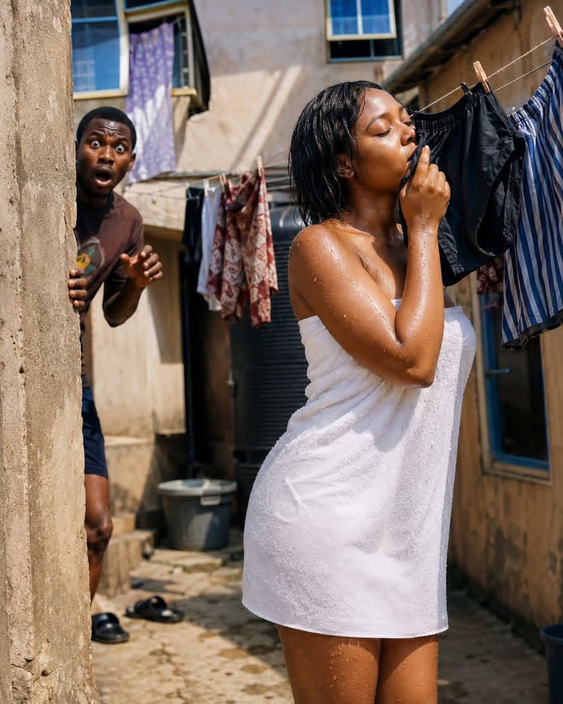I always see my neighbor’s wife sniffing my boxers, hiding and putting her hand inside her skịrt, anytime I dry my boxers on the general rope.