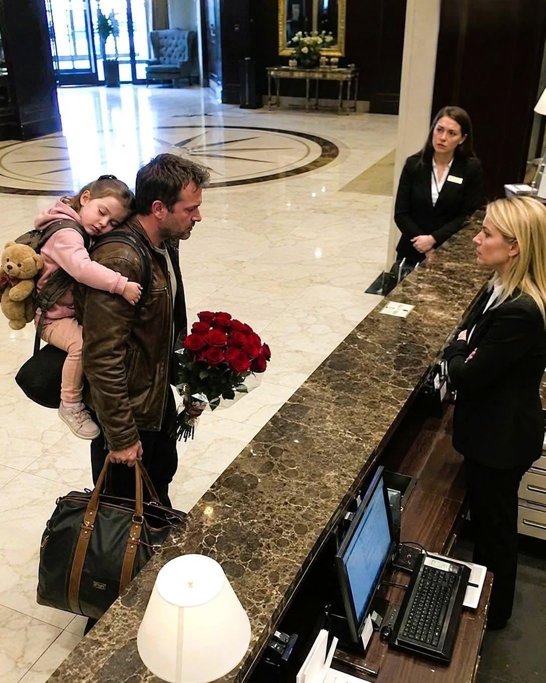 A widowed father was turned away at his own hotel with his sleeping daughter in his arms… but by the time the staff realized who he truly was, it was already too late.